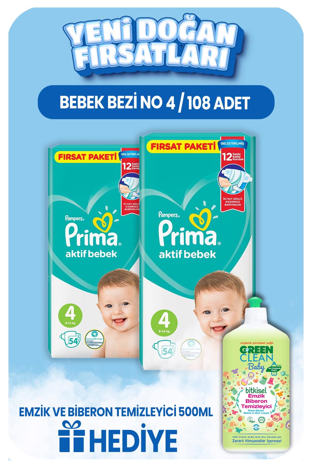 Prima Bebek Bezi Aktif Bebek No 4 / 108 Adet, Emzik Temizleyici Hediye