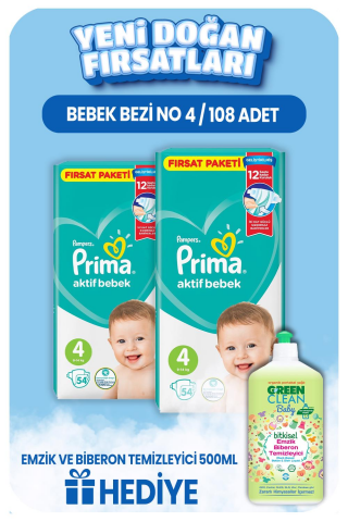Prima Bebek Bezi Aktif Bebek No 4 / 108 Adet, Emzik Temizleyici Hediye