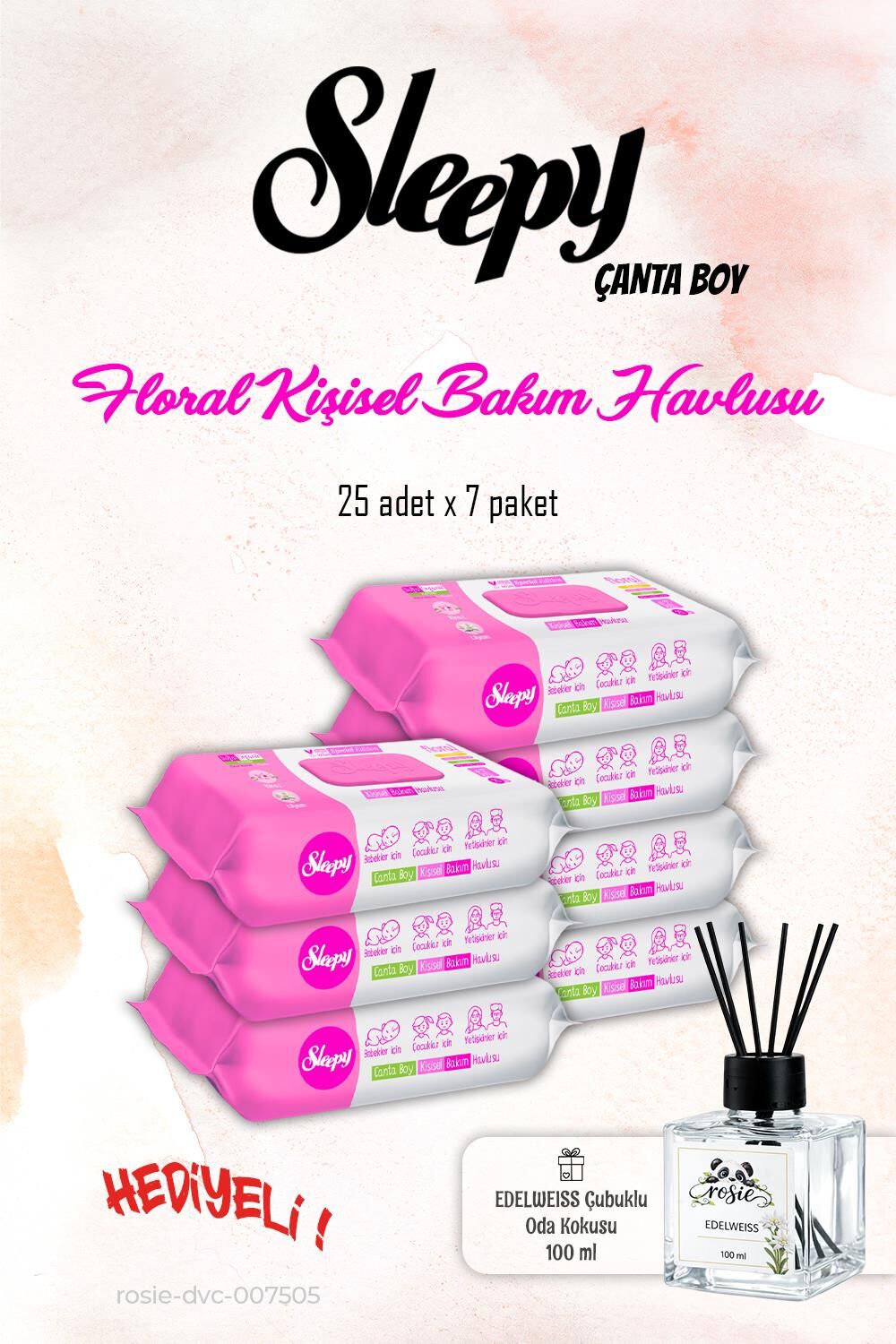 Sleepy 7 Paket, Floral Bakım Havlusu Natural 25'li ve ROSIE Koku