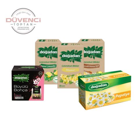 Doğadan Düvenci Toptan Bitki Çayları Paketi 5' li Model 27 (Zencefil Ihlamur, Ihlamur, Sakura Yeşil Çay, Nane Limonlu, Papatya Çayı)