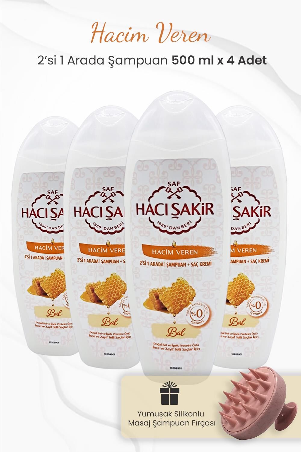 Hacı Şakir Bal 2si 1 Arada Şampuan 500 ml x 4 Adet ve Şampuan Fırçası Pembe