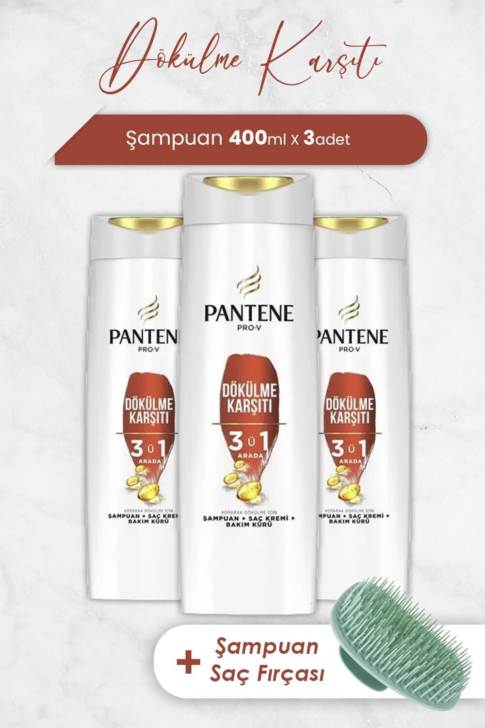 Pantene Pro-V Saç Dökülmelerine Karşı 3' ü 1 Arada Şampuan 400 ML x 3 Adet ve Şampuan Fırçası