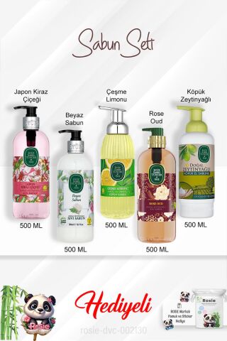 Sabun Paketi 500 ML Rose Oud,Çeşme Limonu, Japon Kiraz Çiçeği, Beyaz Sabun, Zeytinyağlı ve Rosie