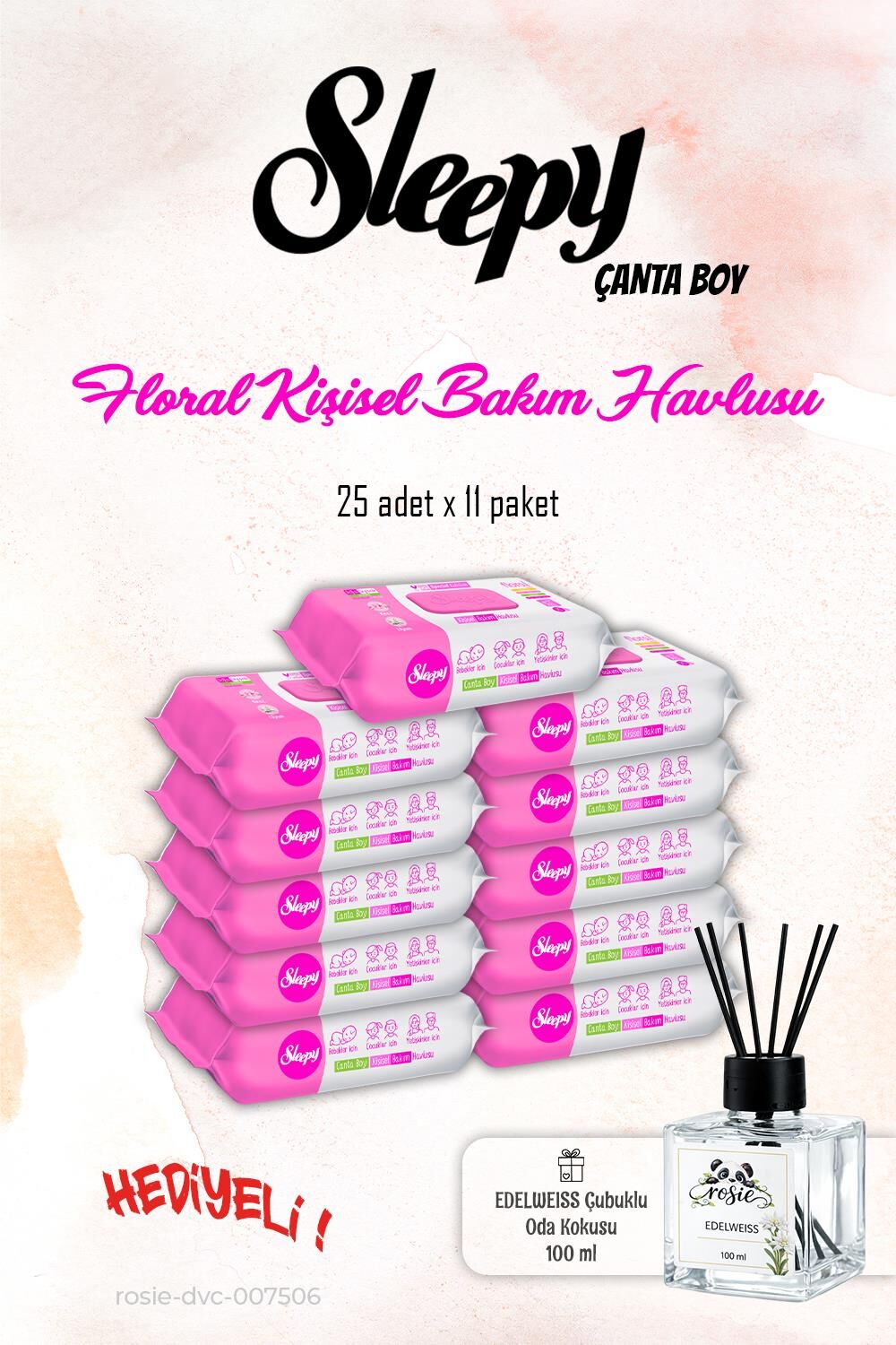 Sleepy Floral Kişisel Bakım Havlusu 11 Paket, 25'li ve ROSIE Koku