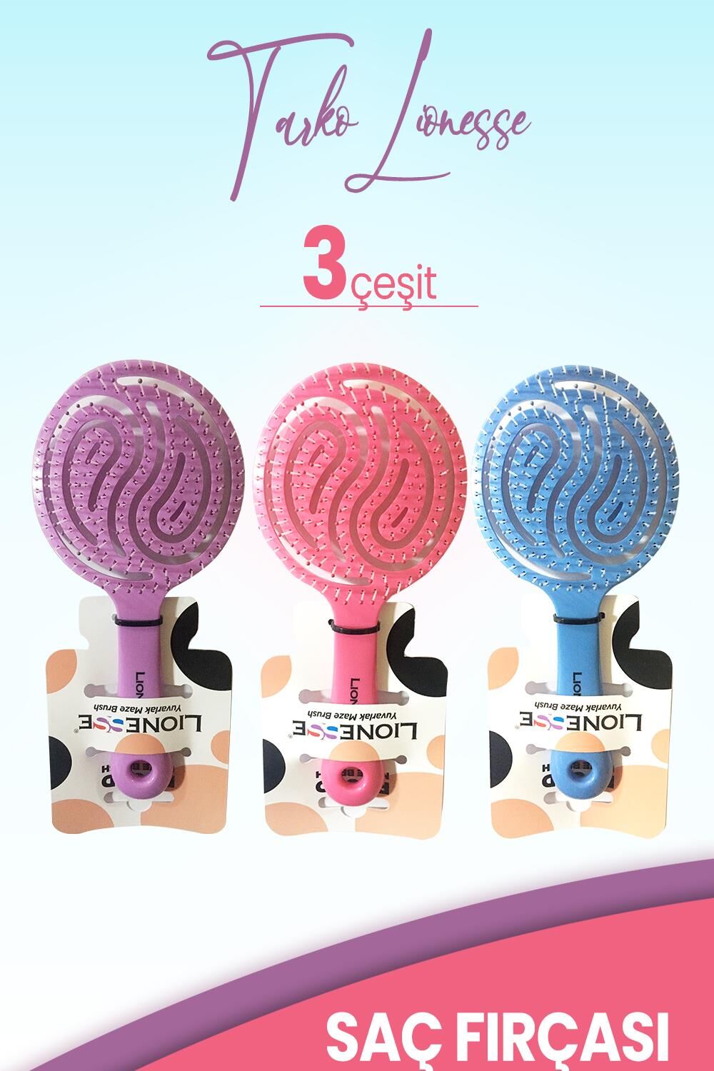 Tarko Lionesse Saç Fırçası Yuvarlak Mor, Pembe ve Mavi