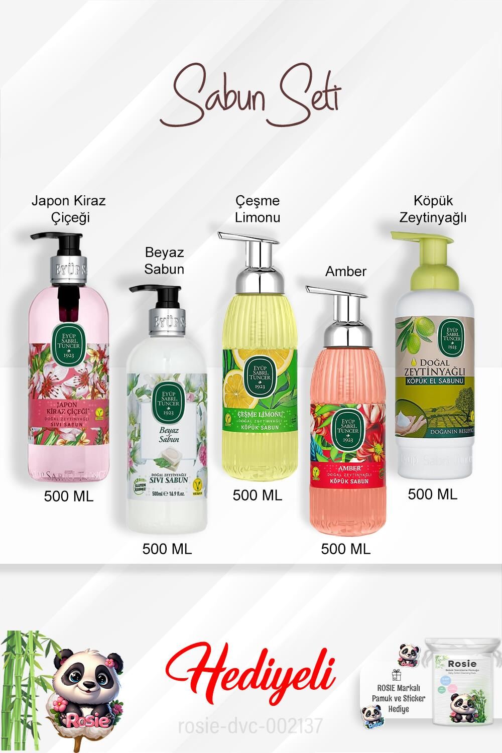 500 ML Sabun Paket Amber, Çeşme Limonu, Japon Kiraz Çiçeği, Beyaz Sabun, Zeytinyağlı ve Rosie