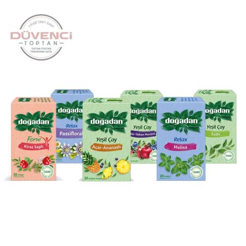 Doğadan Düvenci Toptan Bitki Çayları Paketi 6' lı Model 28 (Açai Ananslı, Passifloralı, Yaban Mersinli, Kiraz Saplı, Yeşil Çay, Melisa Çayı)