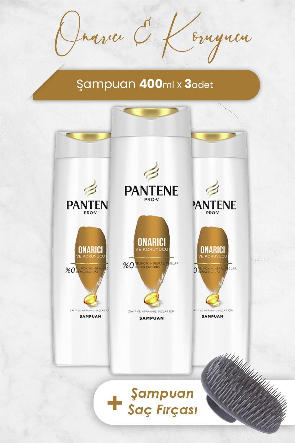 Pantene Pro-V Onarıcı Ve Koruyucu Şampuan 400ml x 3 Adet ve Şampuan Fırçası