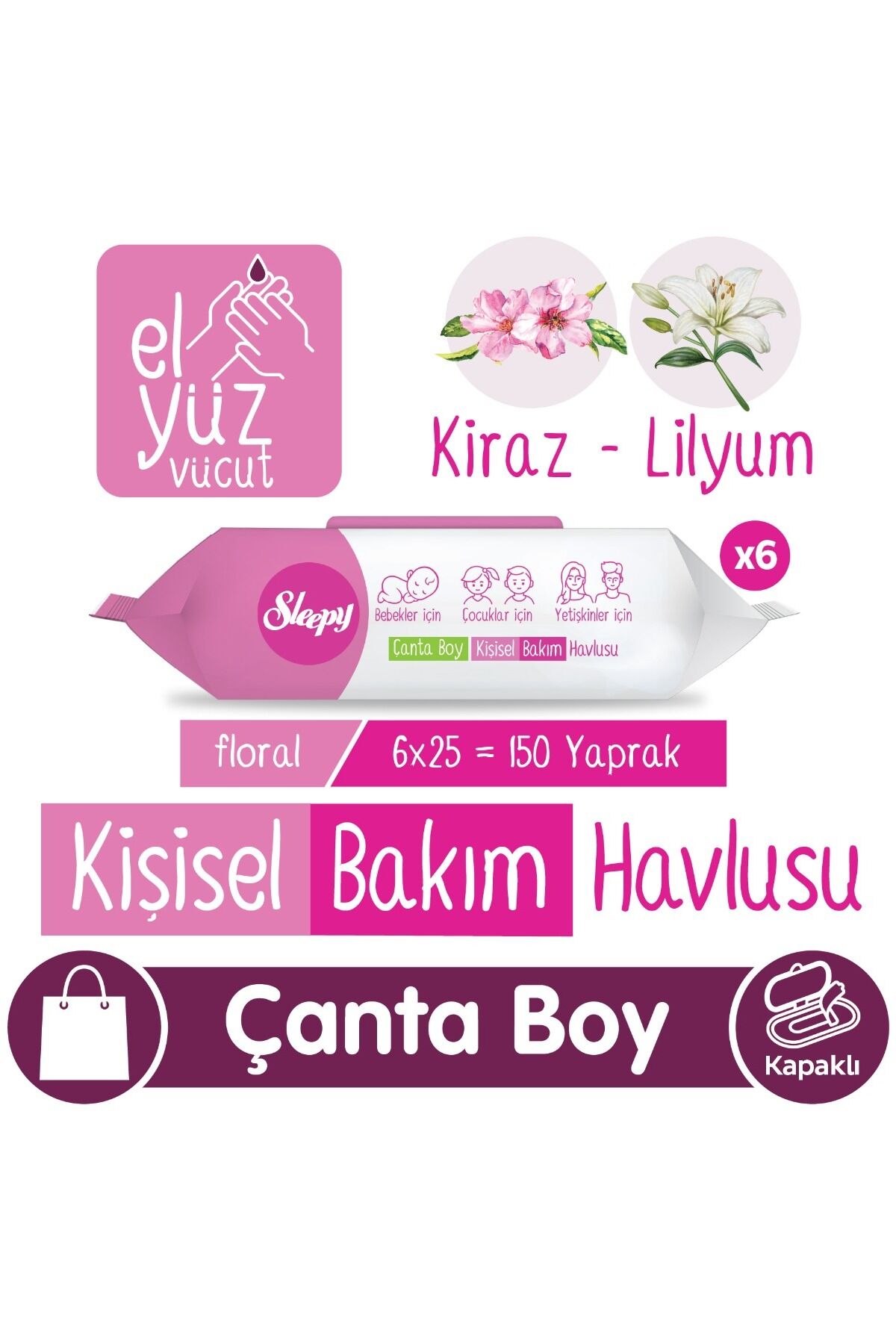 Sleepy Floral Kişisel Bakım Havlusu Çanta Boy 6x25 (150 Yaprak)