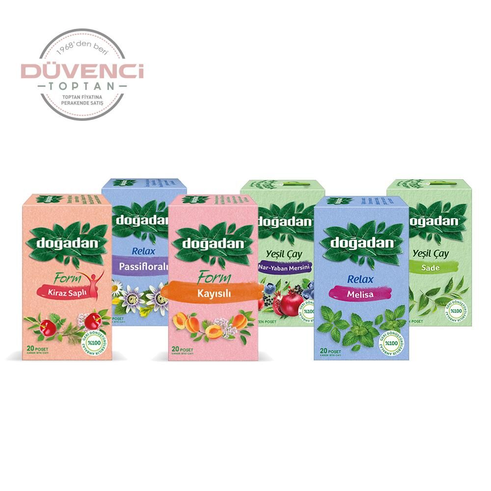 Doğadan Düvenci Toptan Bitki Çayları Paketi 6' lı Model 29 (Passifloralı, Nar Yaban Mersinli, Kiraz Saplı, Sade Yeşil Çay, Melisa Çayı, Kayısılı Çay)