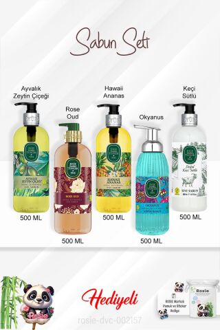 Sabun Paket 500 ML Okyanus, Hawaii Ananas, Rose Oud, Keçi Sütlü, Ayvalık Zeytin Çiçeği ve Rosie