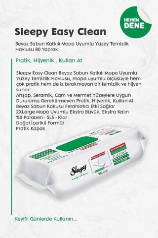 Sleepy Easy Clean Beyaz Sabun Katkılı Mopa Uyumlu Yüzey Temizlik Havlusu 80 Yaprak