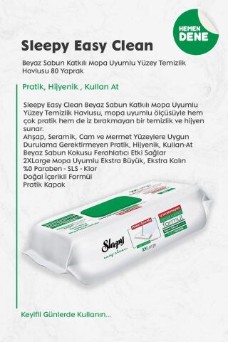 Sleepy Easy Clean Beyaz Sabun Katkılı Mopa Uyumlu Yüzey Temizlik Havlusu 80 Yaprak