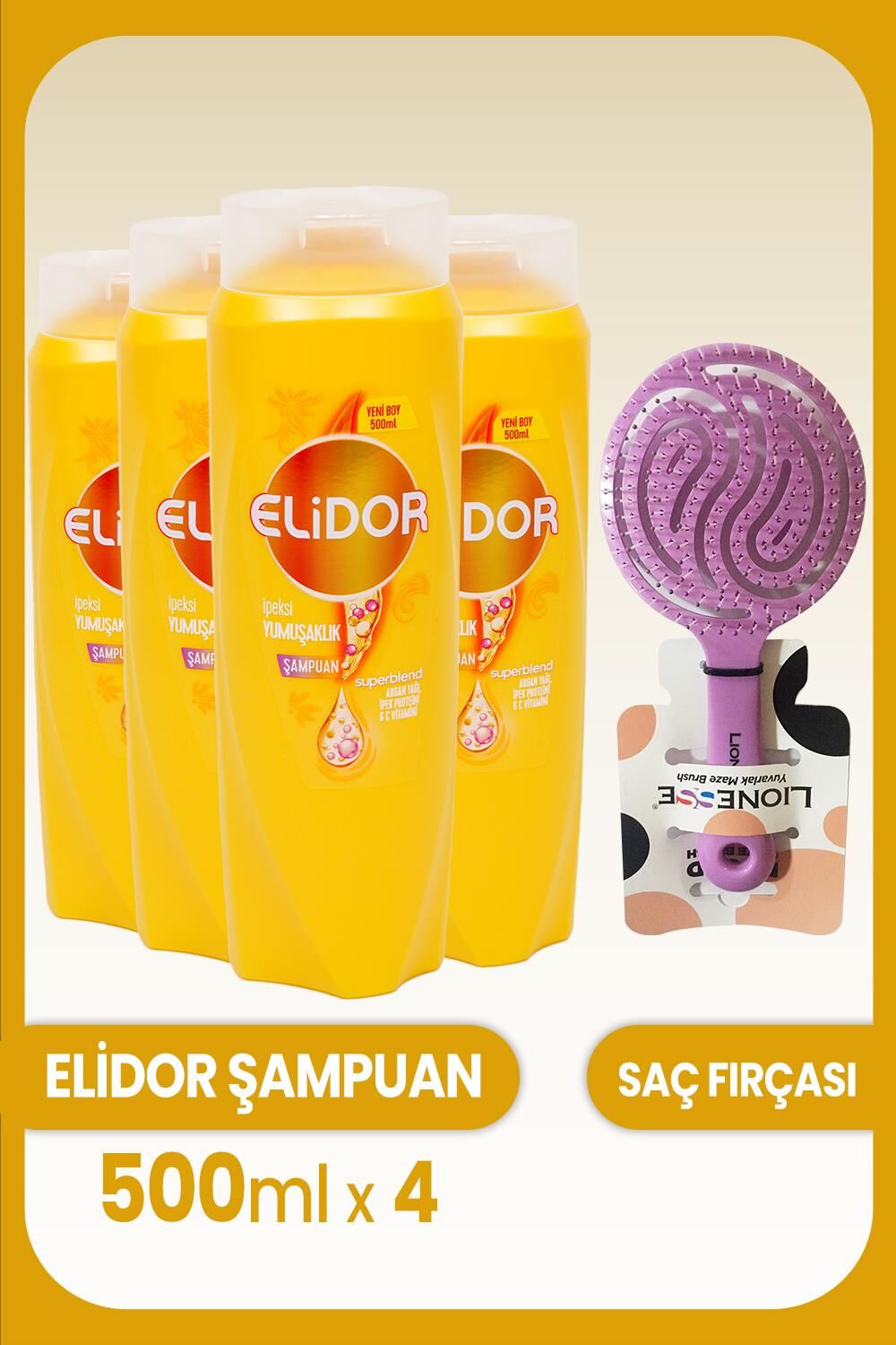 Elidor Superblend Şampuan İpeksi Yumuşaklık 500 ML x 4 Adet ve Saç Fırçası