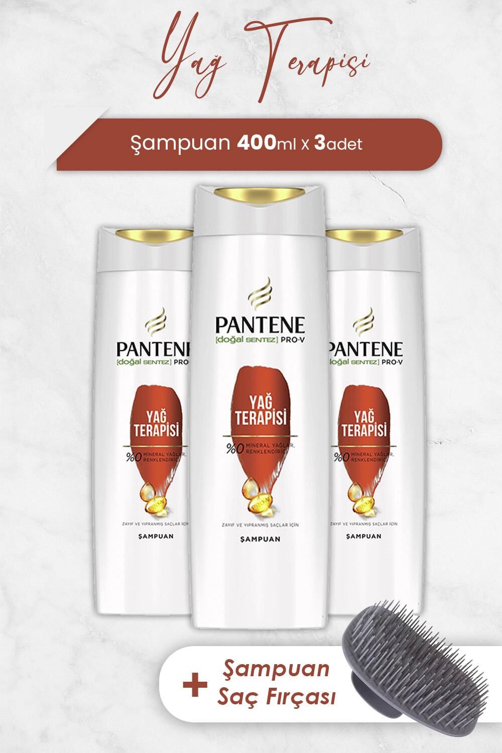 Pantene Pro-V Yağ Terapisi Şampuanı Zayıf Ve Yıpranmış Saçlar 400 ML x 3 Adet ve Şampuan Fırçası