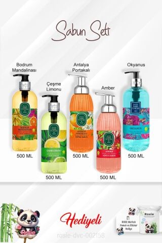Sabun Paket 500 ML Bodrum Mandalinası, Okyanus, Çeşme Limonu, Antalya Portakalı, Amber ve Rosie