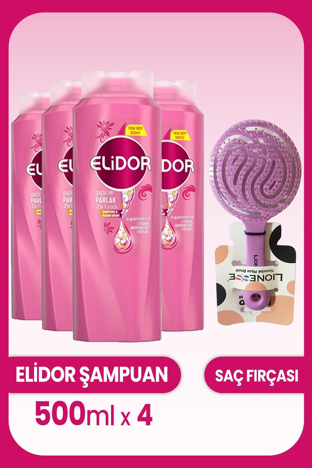 Elidor Superblend 2'si 1 Arada Şampuan Güçlü Parlak 500 ML x 4 Adet ve Saç Fırçası