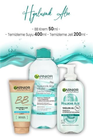 Garnier Hyaluronik Aloe Temizleme Suyu 400 ml, Temizleme Jeli 200 ml ve BB Krem 50 ml