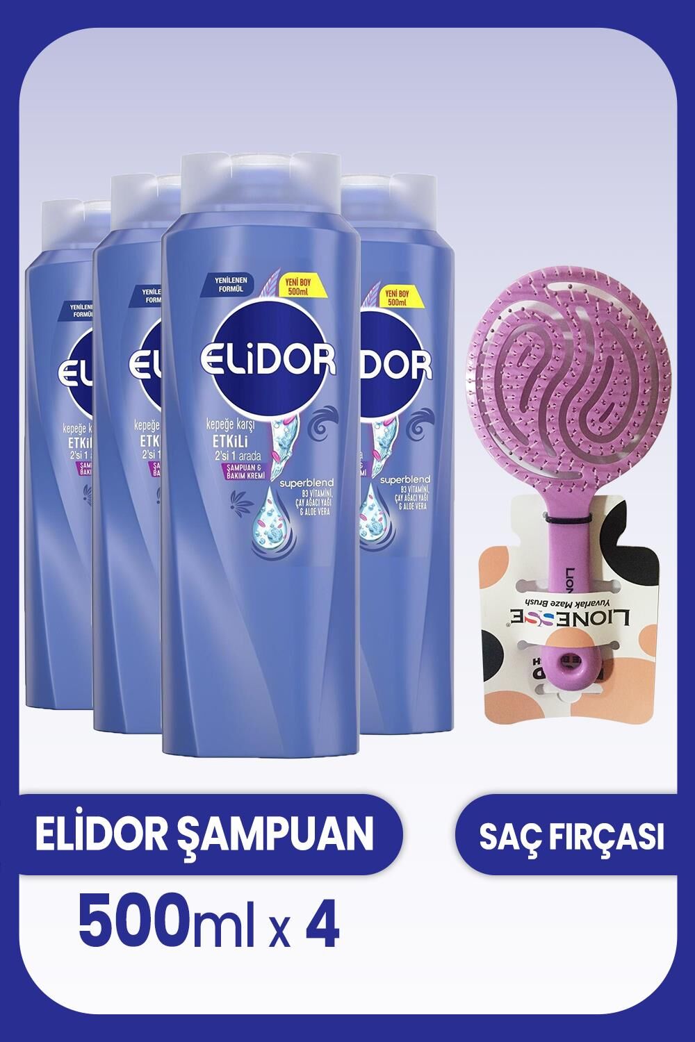 Elidor Superblend 2'si 1 Arada Şampuan Kepeğe Karşı 500 ml x 4 Adet ve Saç Fırçası
