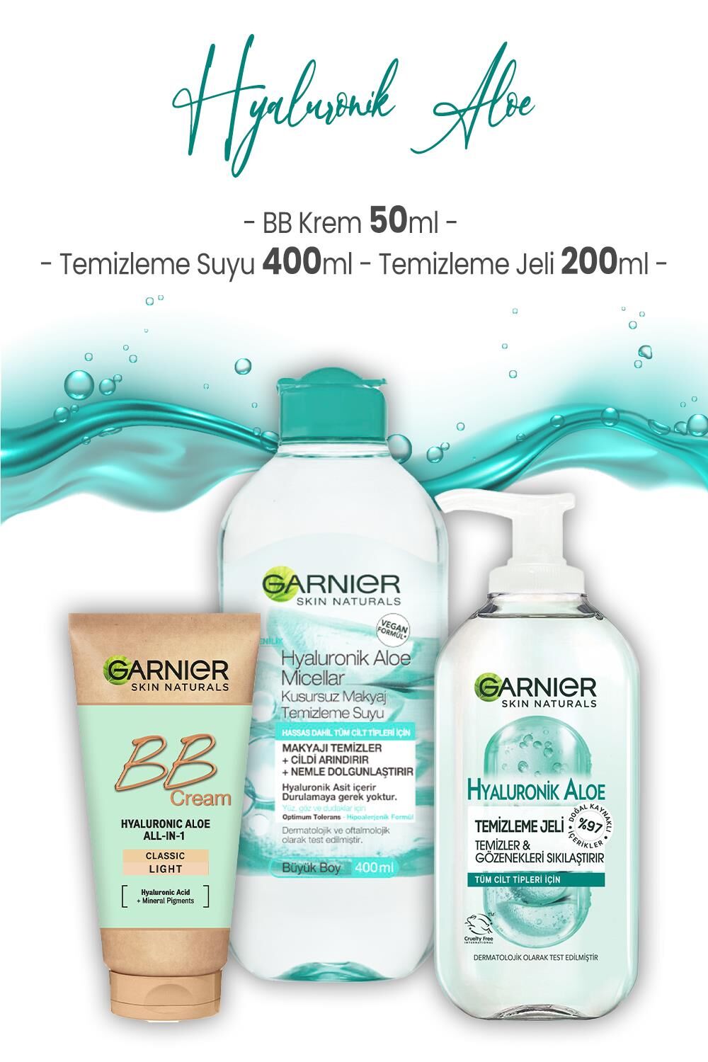 Garnier Hyaluronik Aloe Temizleme Suyu 400 ml, Temizleme Jeli 200 ml ve BB Krem 50 ml