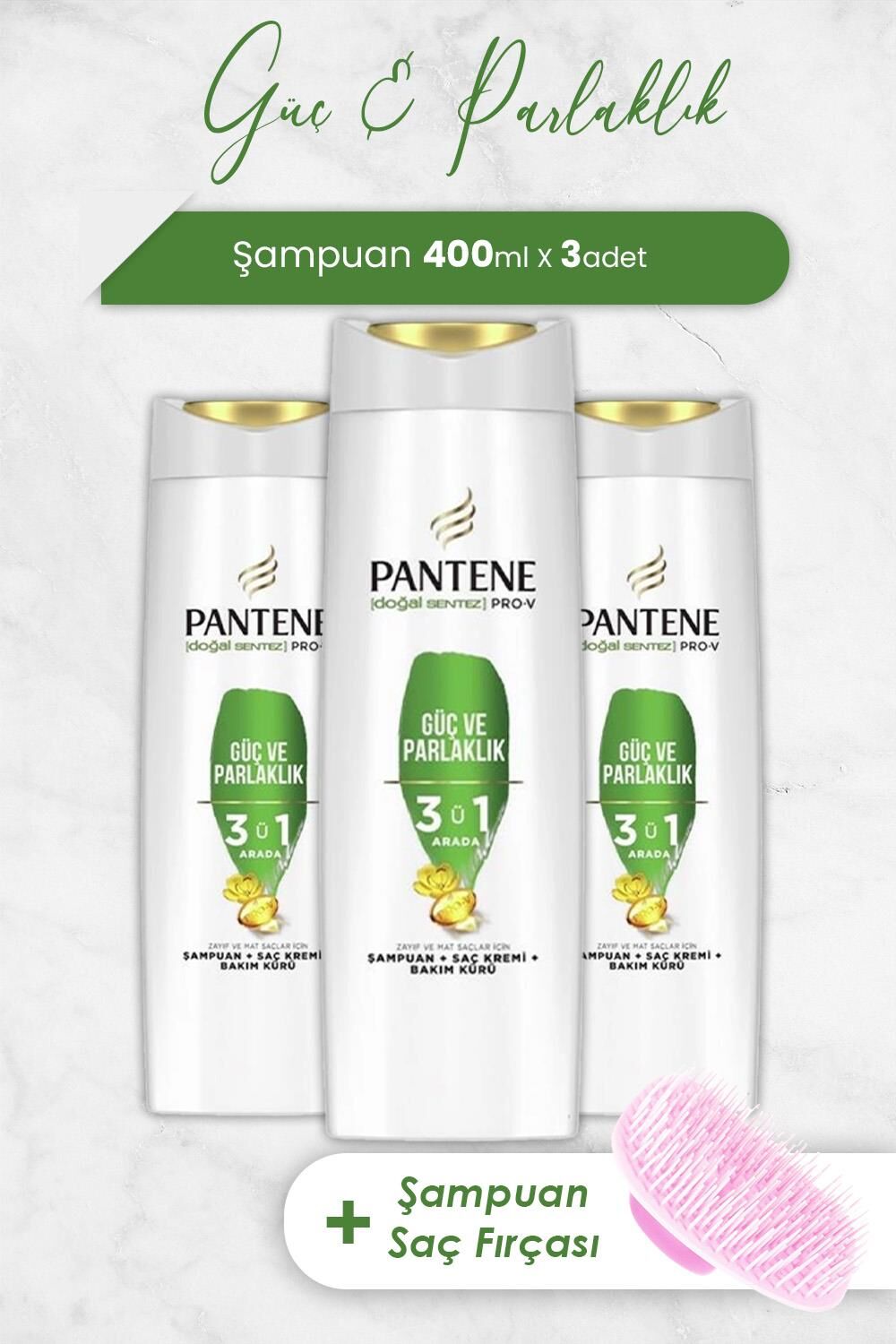 Pantene Pro-V Güç Ve Parlaklık 3'Ü 1 Arada Şampuan 400 ml x 3 Adet ve Şampuan Fırçası