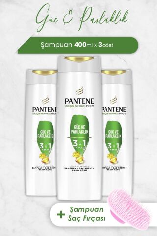 Pantene Pro-V Güç Ve Parlaklık 3'Ü 1 Arada Şampuan 400 ml x 3 Adet ve Şampuan Fırçası