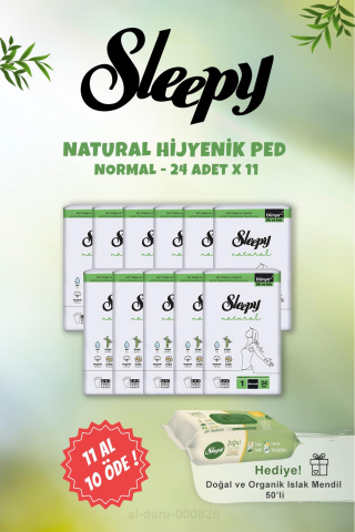 Sleepy Natural Normal Hijyenik Ped 11 AL 10 ÖDE 24 Adet ve Doğal Islak Mendil 50 li