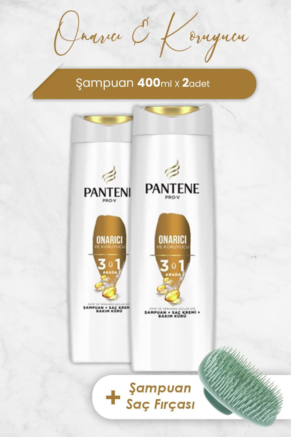 Pantene Pro-V Onarıcı Ve Koruyucu Bakım 3'Ü 1 Arada 400 ml Şampuan x 2 Adet ve Şampuan Fırçası