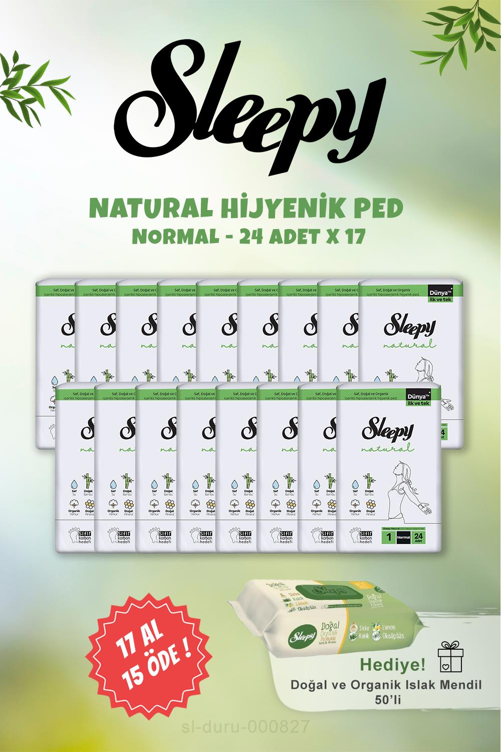 Sleepy Natural Hijyenik Ped Normal 24 Adet 17 AL 15 ÖDE ve Doğal Islak Mendil 50 li