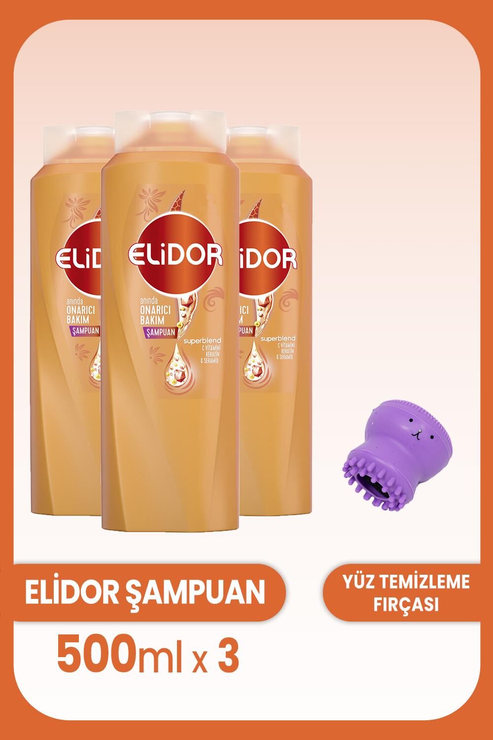 Elidor Superblend Şampuan Anında Onarıcı 500 ml x 3 Adet ve Yüz Temizleme Fırçası