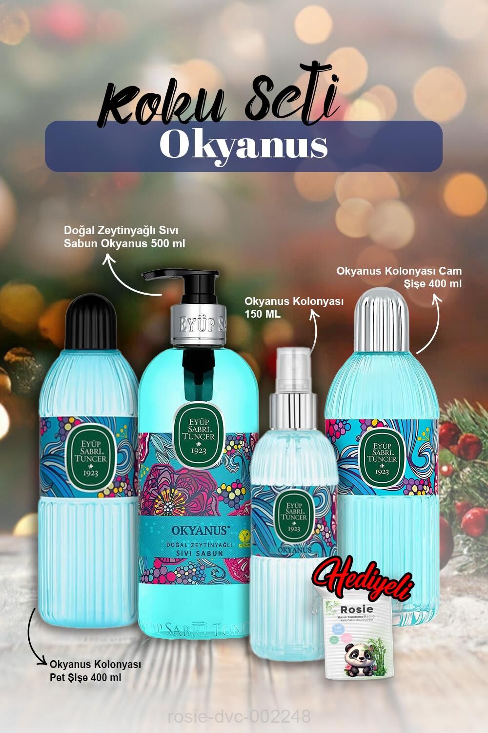 Cam  ve Pet şişe Kolonya 400ml, Kolonya 150ml, Sıvı Sabun 500ml ve Rosie Pamuk