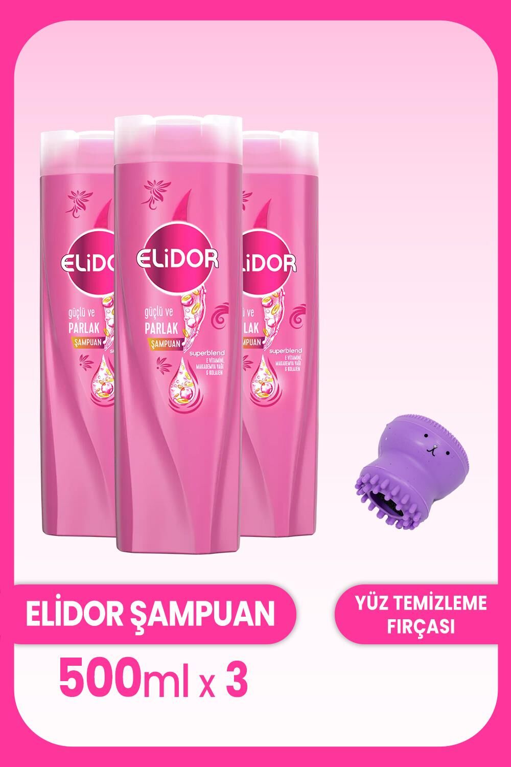 Elidor Superblend Şampuan Güçlü Parlak 500 ml x 3 Adet ve Yüz Temizleme Fırçası