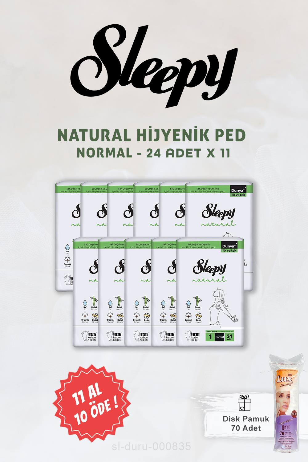 Sleepy 11 AL 10 ÖDE Natural Hassas Hijyenik Ped Normal 24 Adet ve Disk Pamuk
