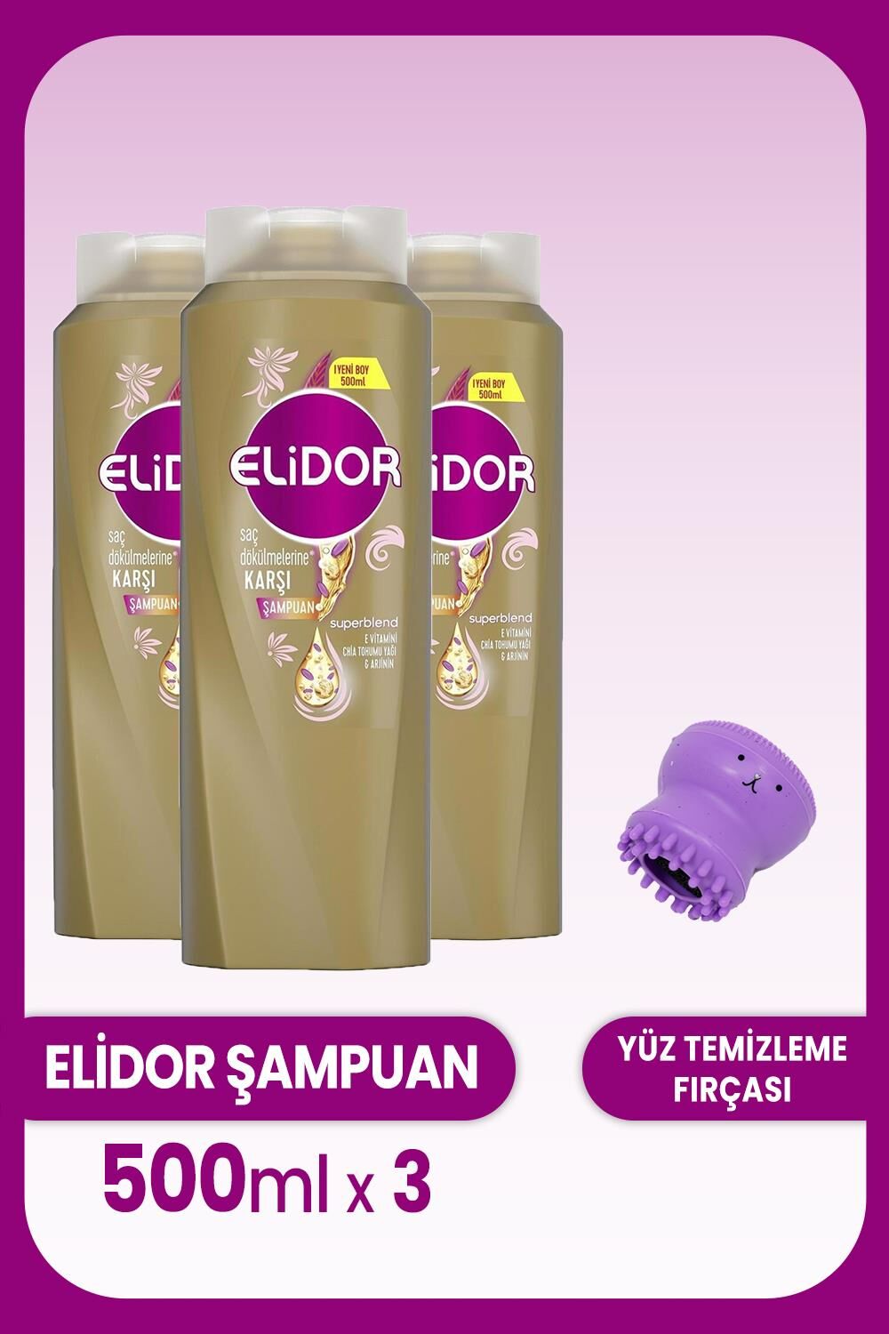 Elidor Superblend Şampuan Saç Dökülmelerine Karşı 500 ml x 3 Adet ve Yüz Temizleme Fırçası