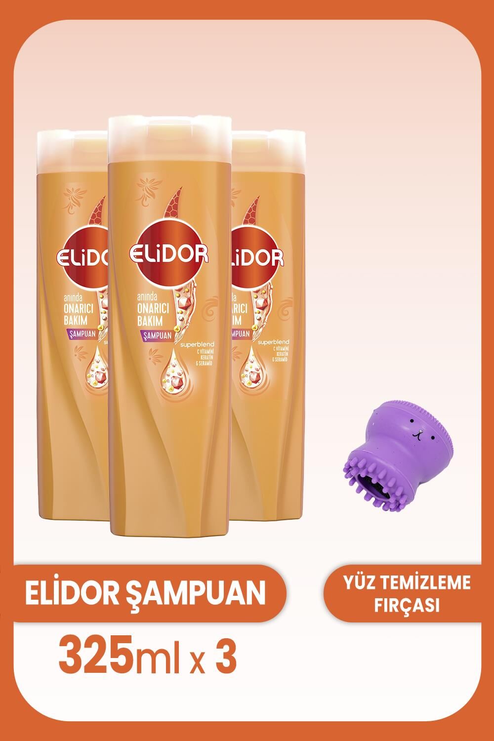 Elidor Superblend Onarıcı Bakım Şampuanı 325 ml x 3 Adet ve Yüz Temizleme Fırçası