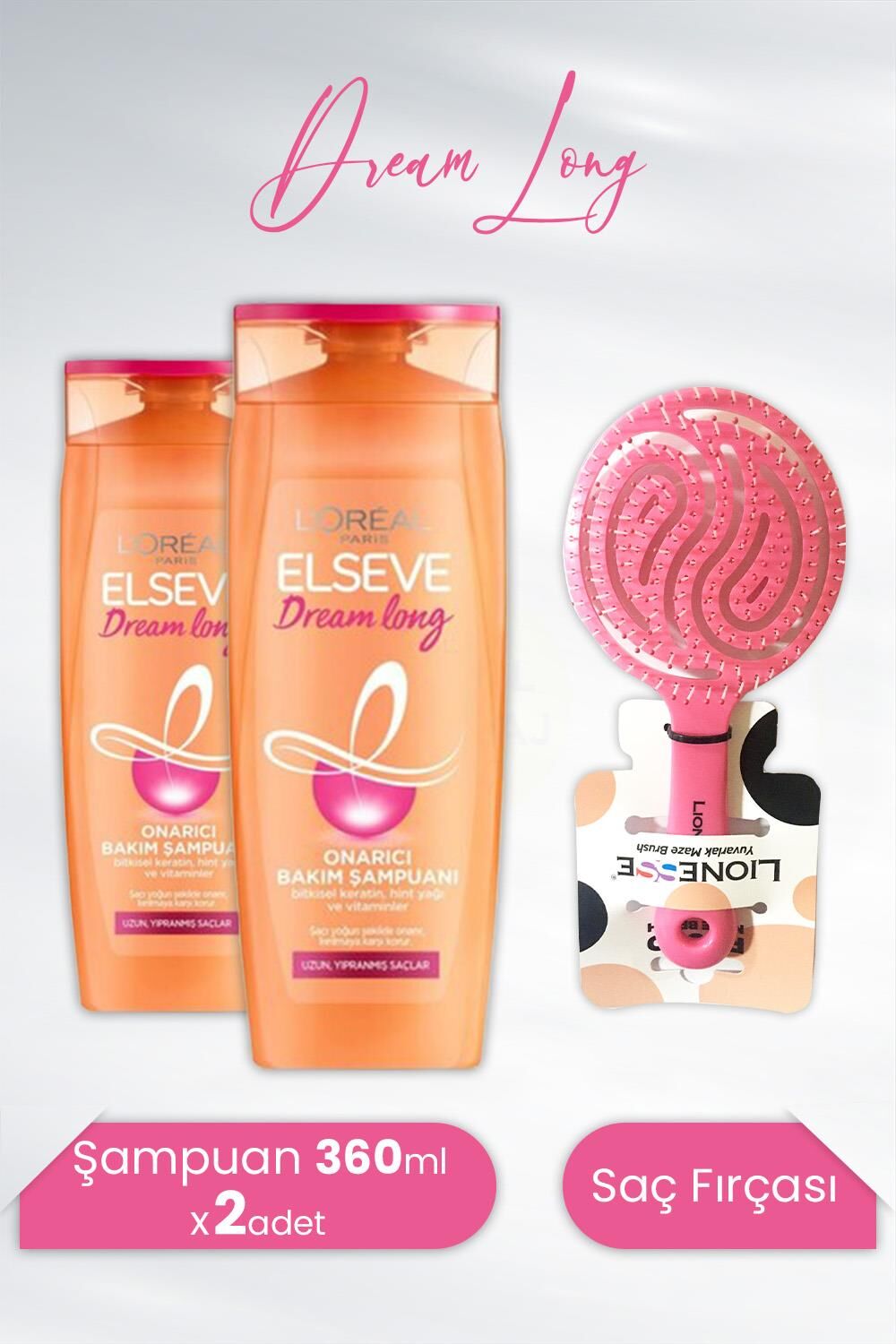 Elseve Dream Long Onarıcı Şampuan 360 ml x 2 Adet ve Tarko Lionesse Saç Fırçası Yuvarlak Pembe