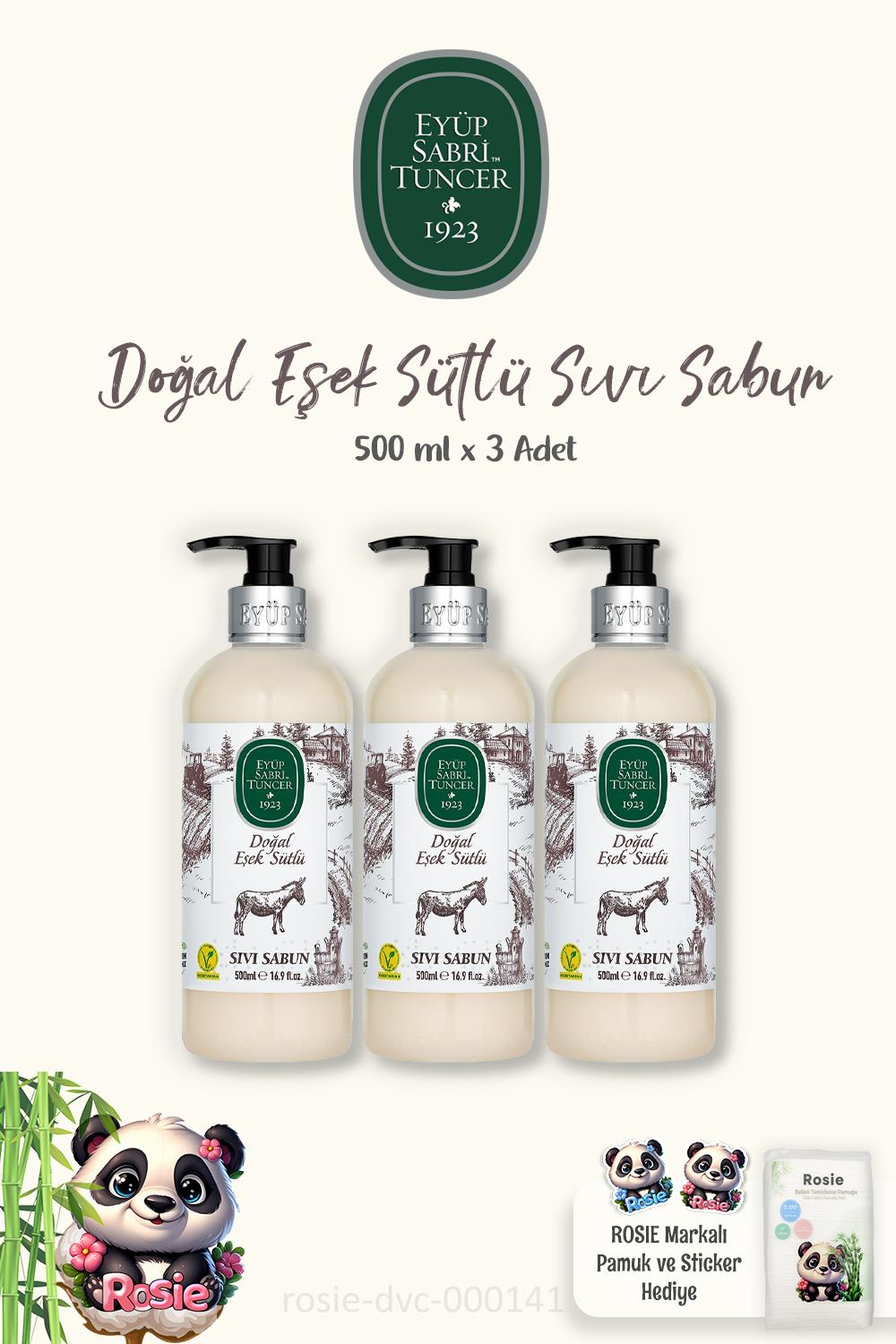 Eyüp Sabri Tuncer 3 Adet Doğal Eşek Sütlü Sıvı Sabun 500 ml ve ROSIE Pamuk 60'lı
