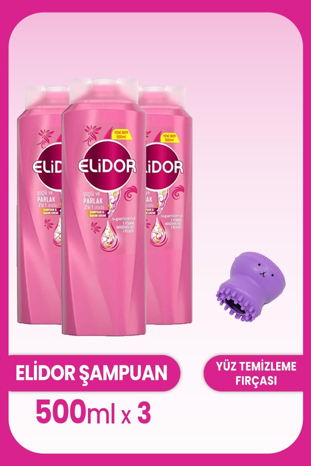 Elidor Superblend 2'si 1 Arada Güçlü Parlak 500 ml x 3 Adet ve Yüz Temizleme Fırçası