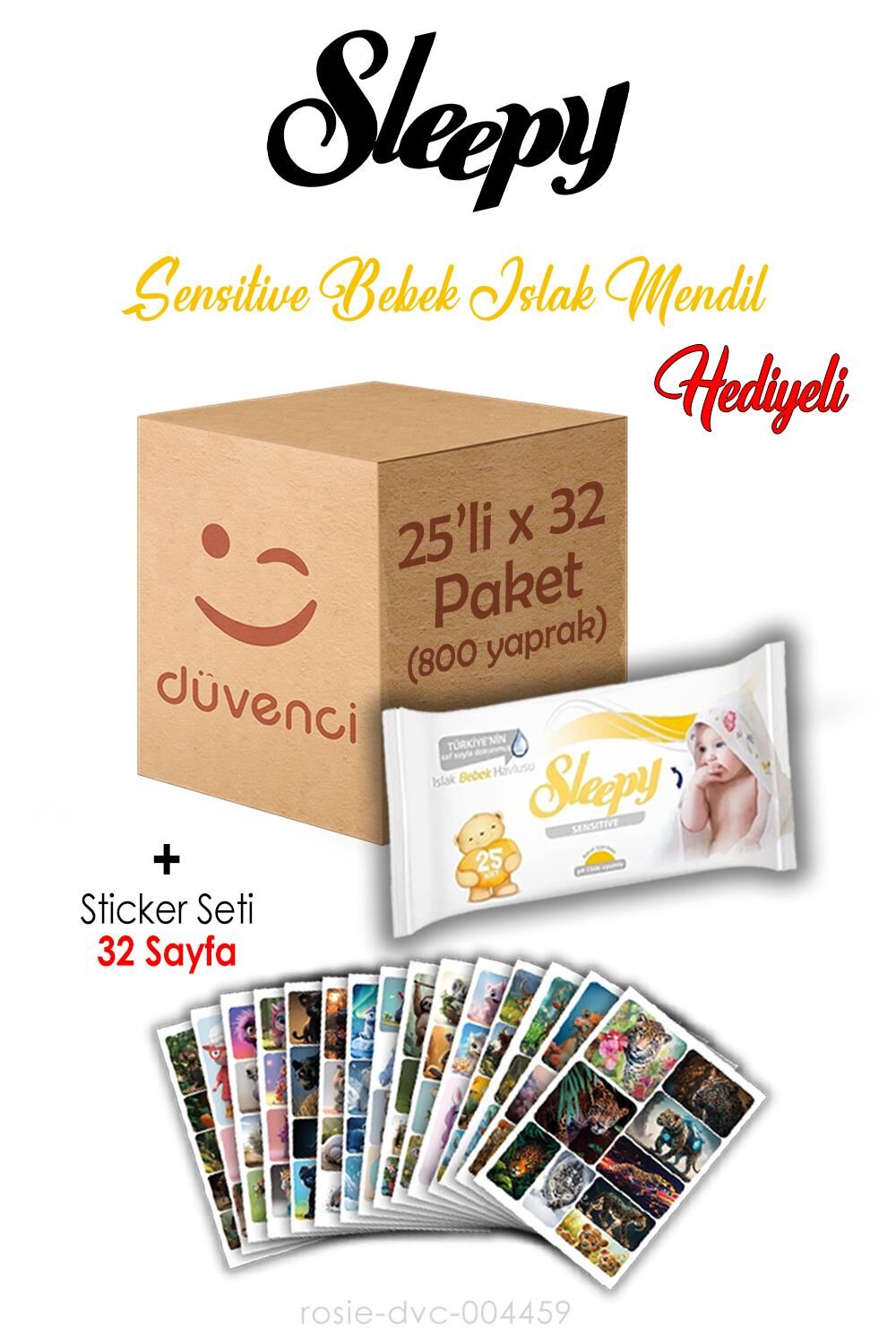 Sleepy Sensitive Islak Mendil 25x32 (800  yaprak) ve Sticker Seti 32 Sayfa