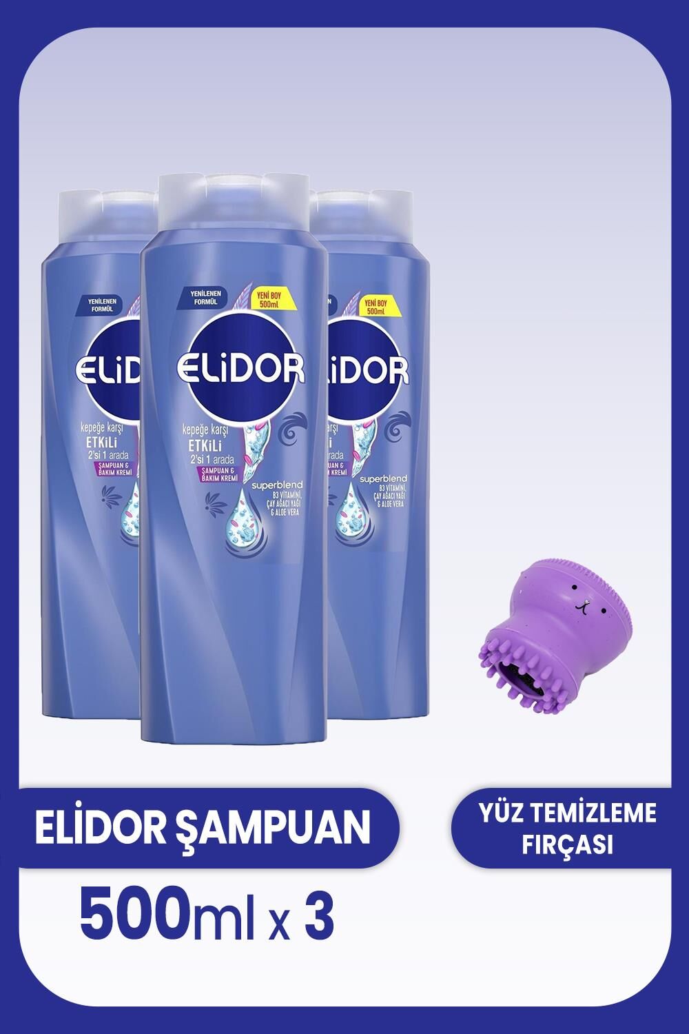 Elidor Superblend 2'si 1 Arada Kepeğe Karşı 500 ml x 3 Adet ve Yüz Temizleme Fırçası