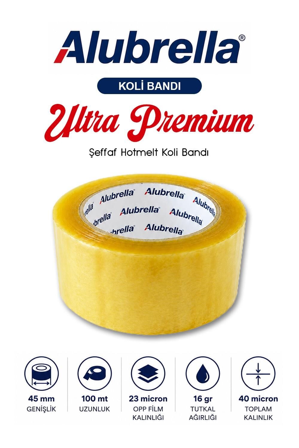 Ultra Premium Koli Bandı, 45 mm x 100 mt, şeffaf hotmelt 40 micron