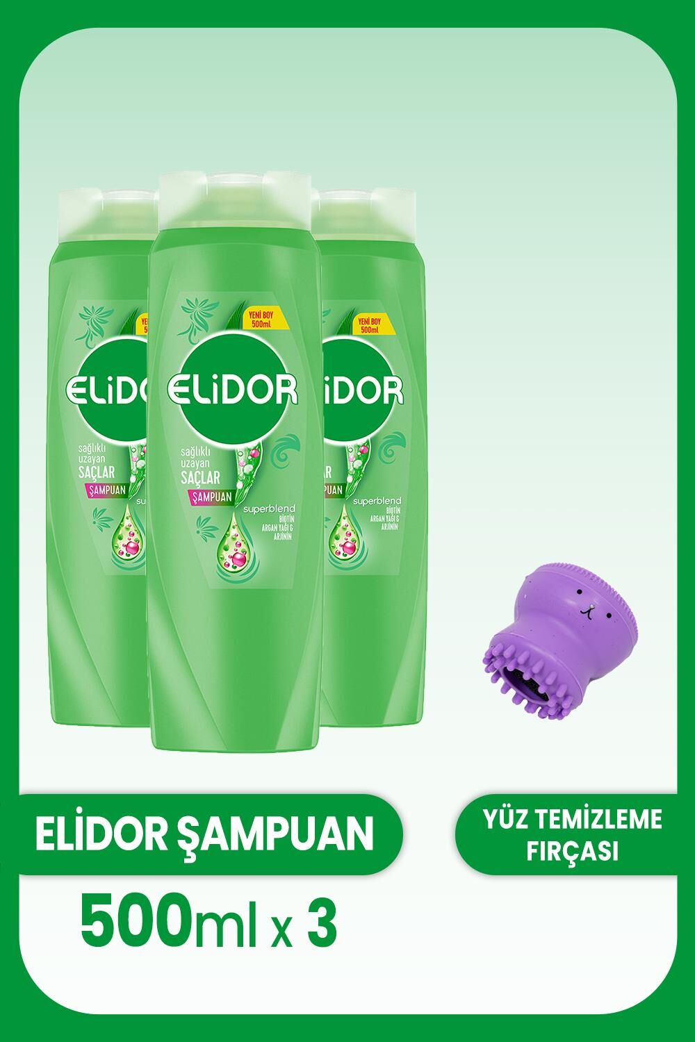 Elidor Superblend Şampuan Sağlıklı Uzayan Saçlar 500 ml x 3 Adet ve Yüz Temizleme Fırçası