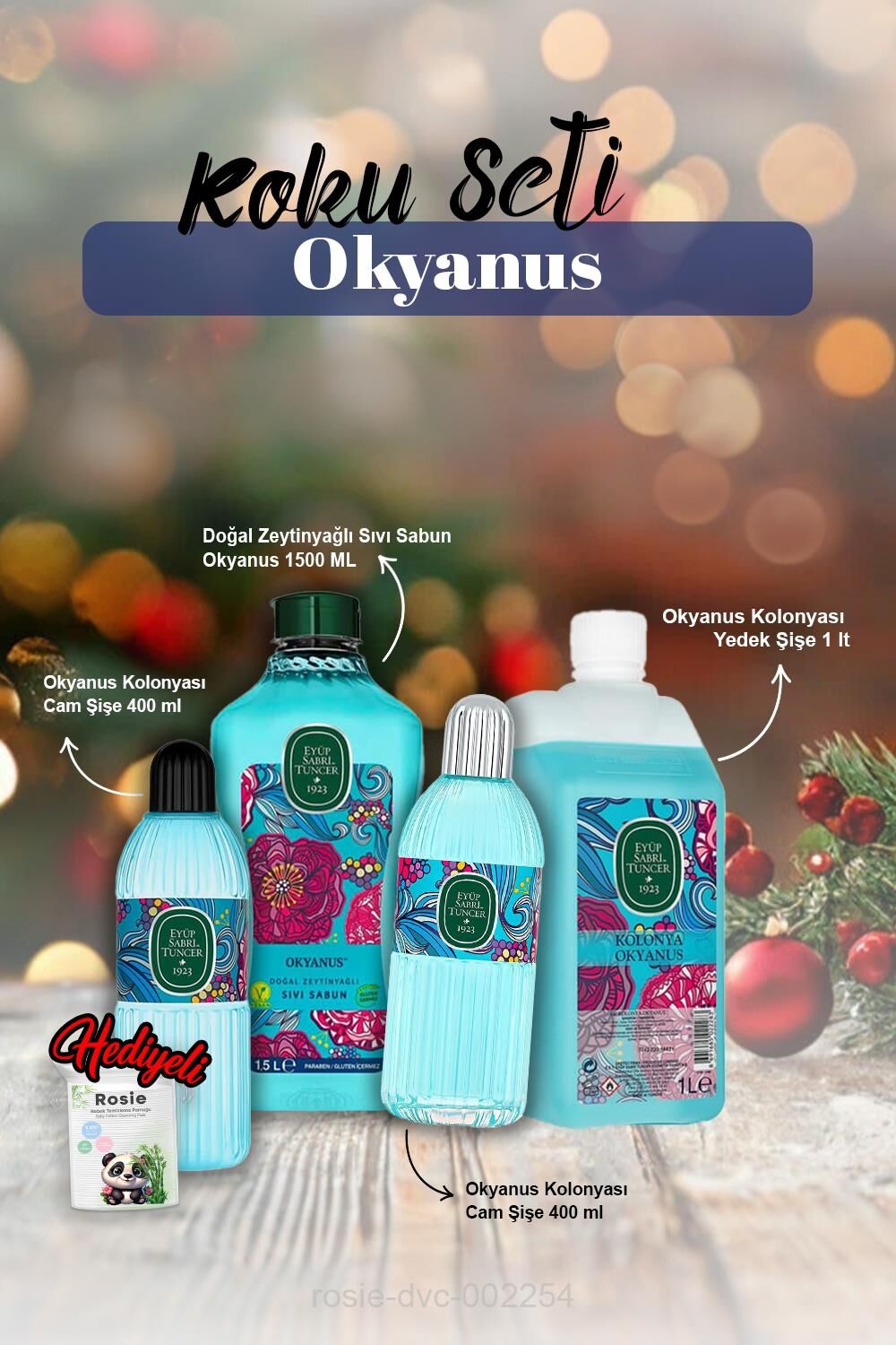 Kolonya 1lt, Sıvı Sabun 1500ml, 2'li Kolonya Okyanus 400ml ve Rosie Pamuk