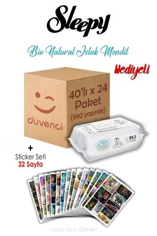 Sleepy Bio Natural Islak Havlu 40x24 (960  yaprak) ve Sticker Seti 32 Sayfa