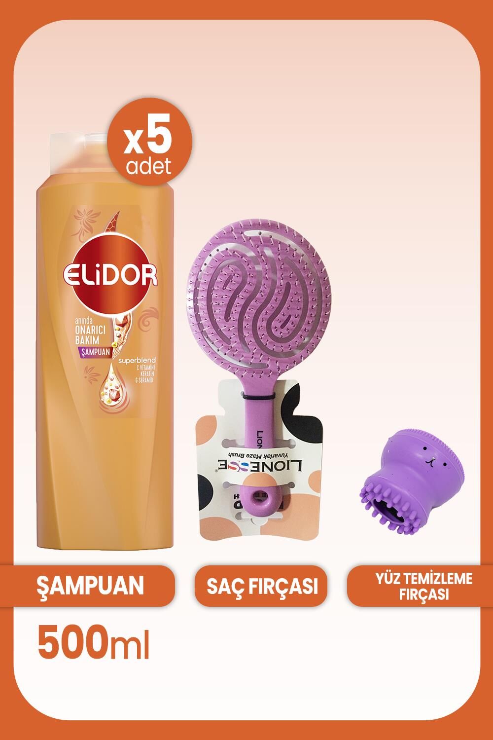Elidor Superblend Şampuan Anında Onarıcı Bakım 500 ml x 5 Adet, Saç Fırçası ve Yüz Temizleme Fırçası
