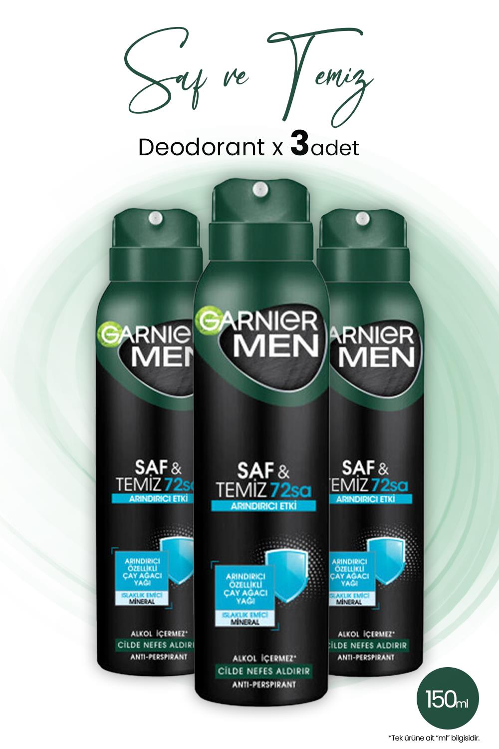 Garnier Men 72H Saf ve Temiz Erkek Deodorant 150 ml x 3 Adet