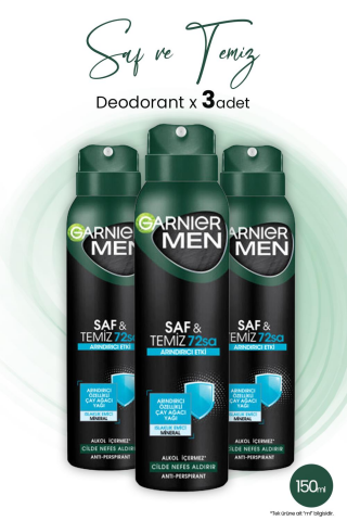 Garnier Men 72H Saf ve Temiz Erkek Deodorant 150 ml x 3 Adet