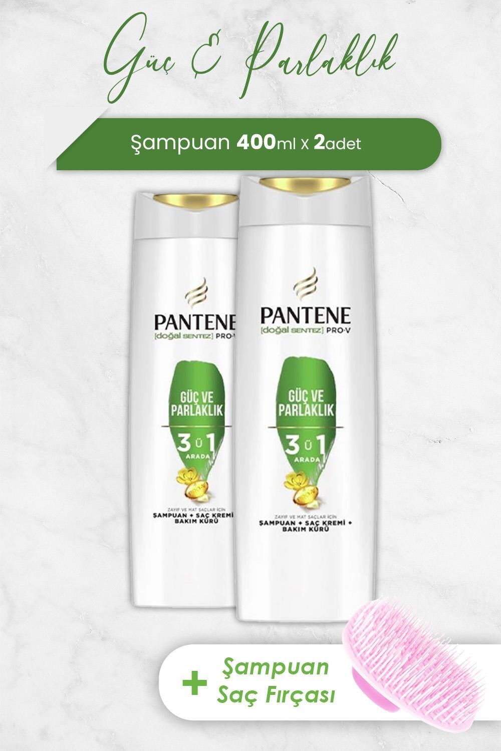 Pantene Pro-V Güç Ve Parlaklık 3'Ü 1 Arada Şampuan 400 ml x 2 Adet ve Şampuan Fırçası