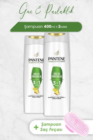 Pantene Pro-V Güç Ve Parlaklık 3'Ü 1 Arada Şampuan 400 ml x 2 Adet ve Şampuan Fırçası