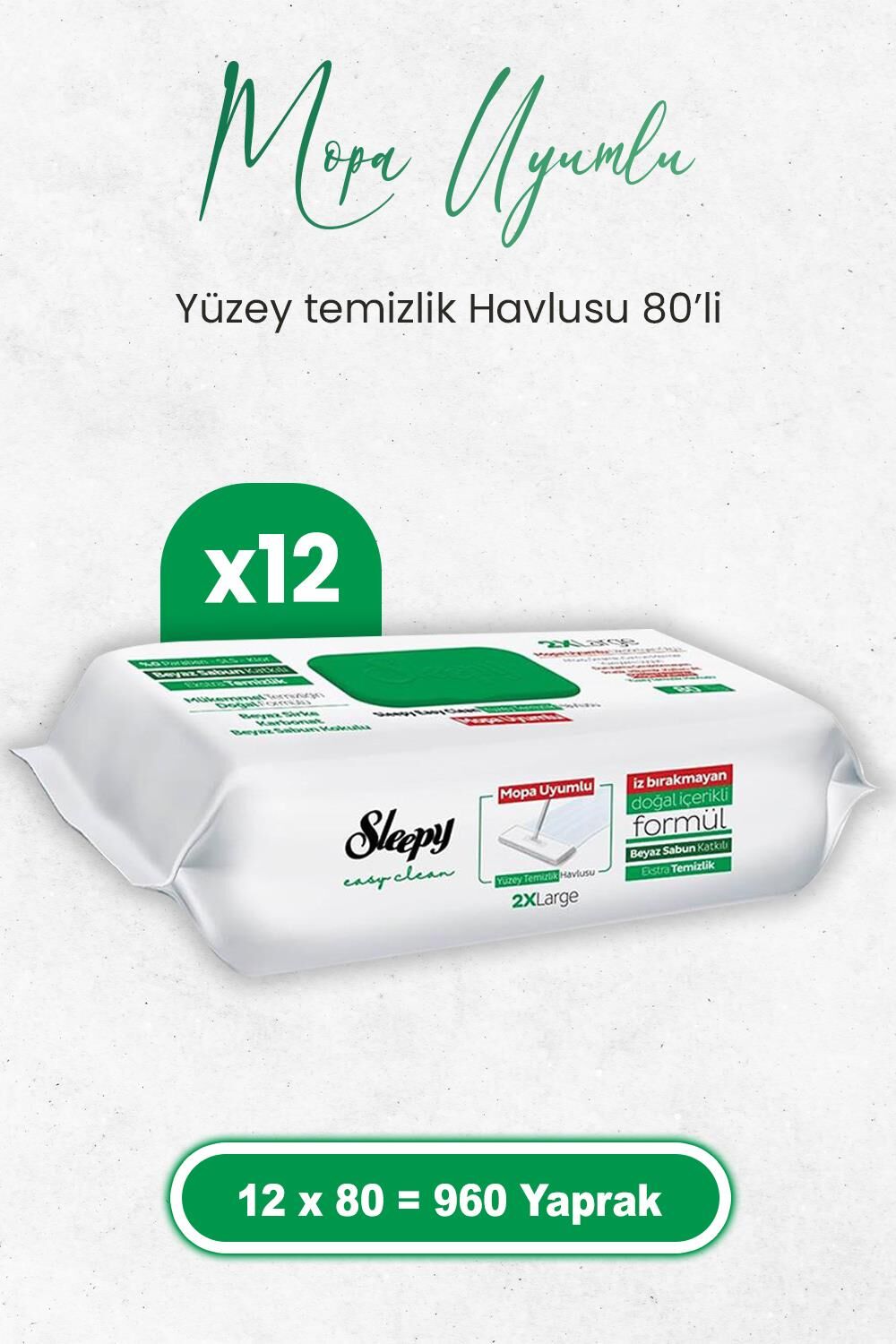 Sleepy Easy Clean Beyaz Sabun Katkılı Mopa Uyumlu Yüzey Temizlik Havlusu 80 x 24 Adet (1920 Yaprak)